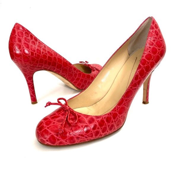 Kate Spade Crocodile Print Pumps Red Bow Round Toe Size 9 Womens Heels - Picture 1 of 13